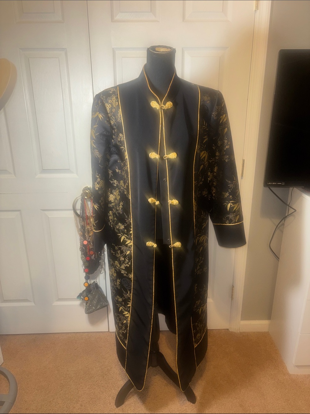 Black & Gold Embroidered Mandarin-Closure Long Trench Coat